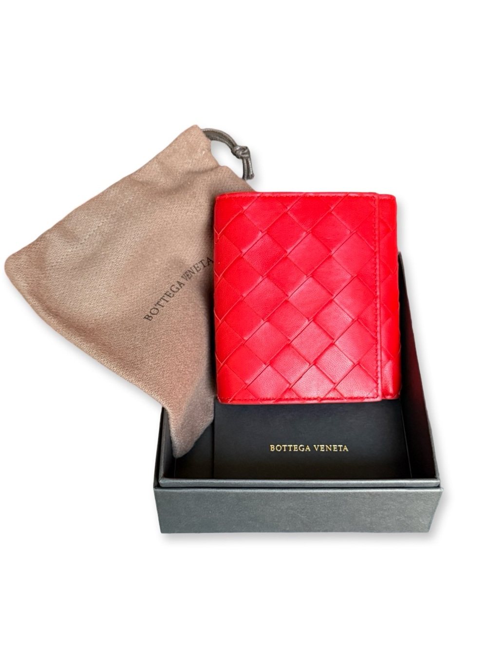 Bottega Veneta Red Intrecciato Leather Compact Wallet Full Set w/ Box Dust Bag